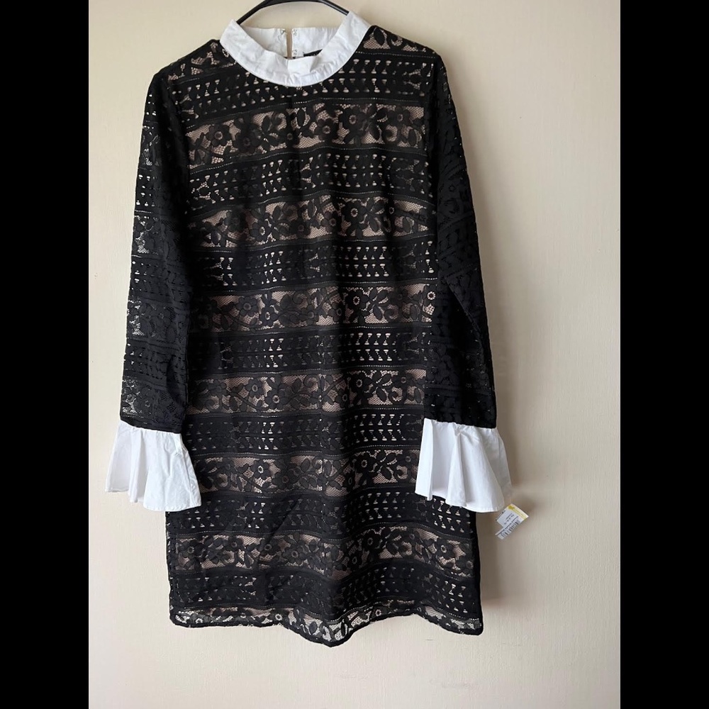 Lined lace black blouse/dress with white cotton trimmings